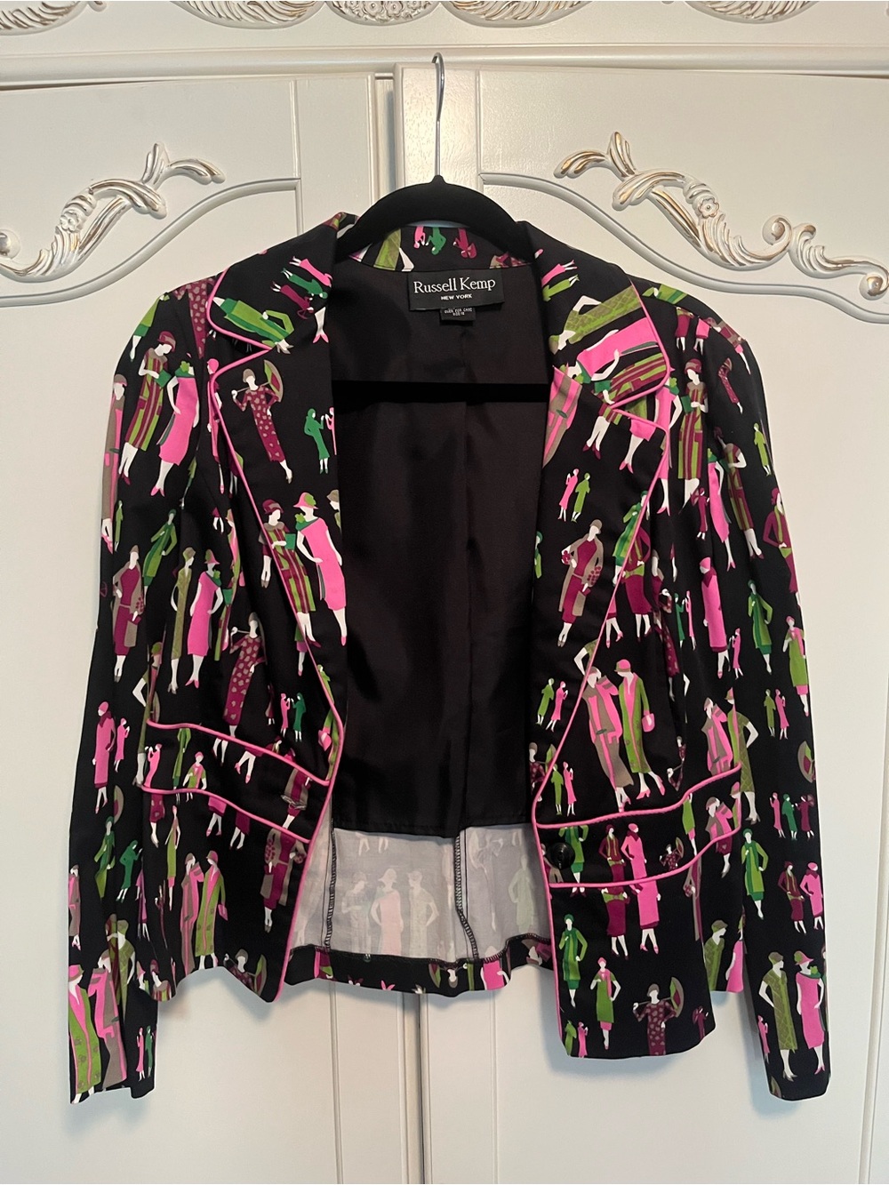 Russell Kemp black blazer with pink & green woman print
